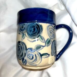 Gorgeous Handmade Ceramic 16oz Flowered Blue and Cream Mug